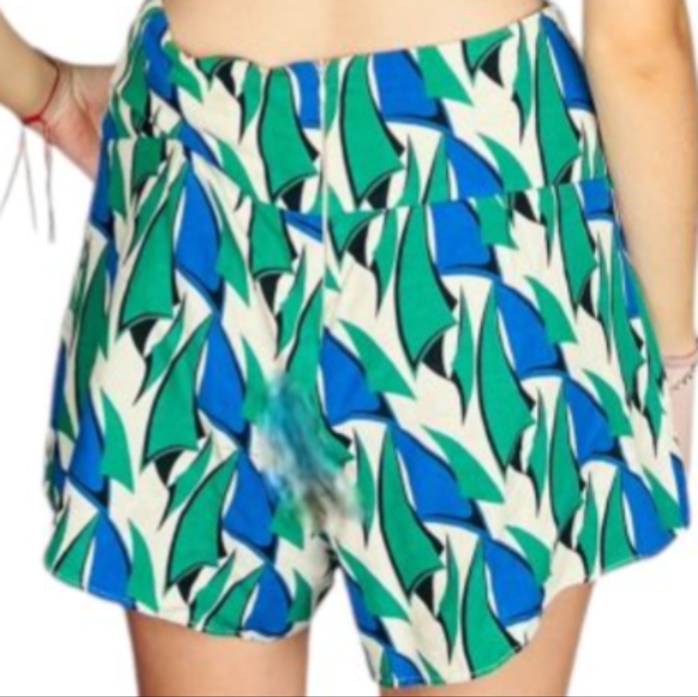 ZARA Regatta Tan Blue Green Printed Zipper Back Linen Blend Shorts Size XXL NWOT - Picture 3 of 14